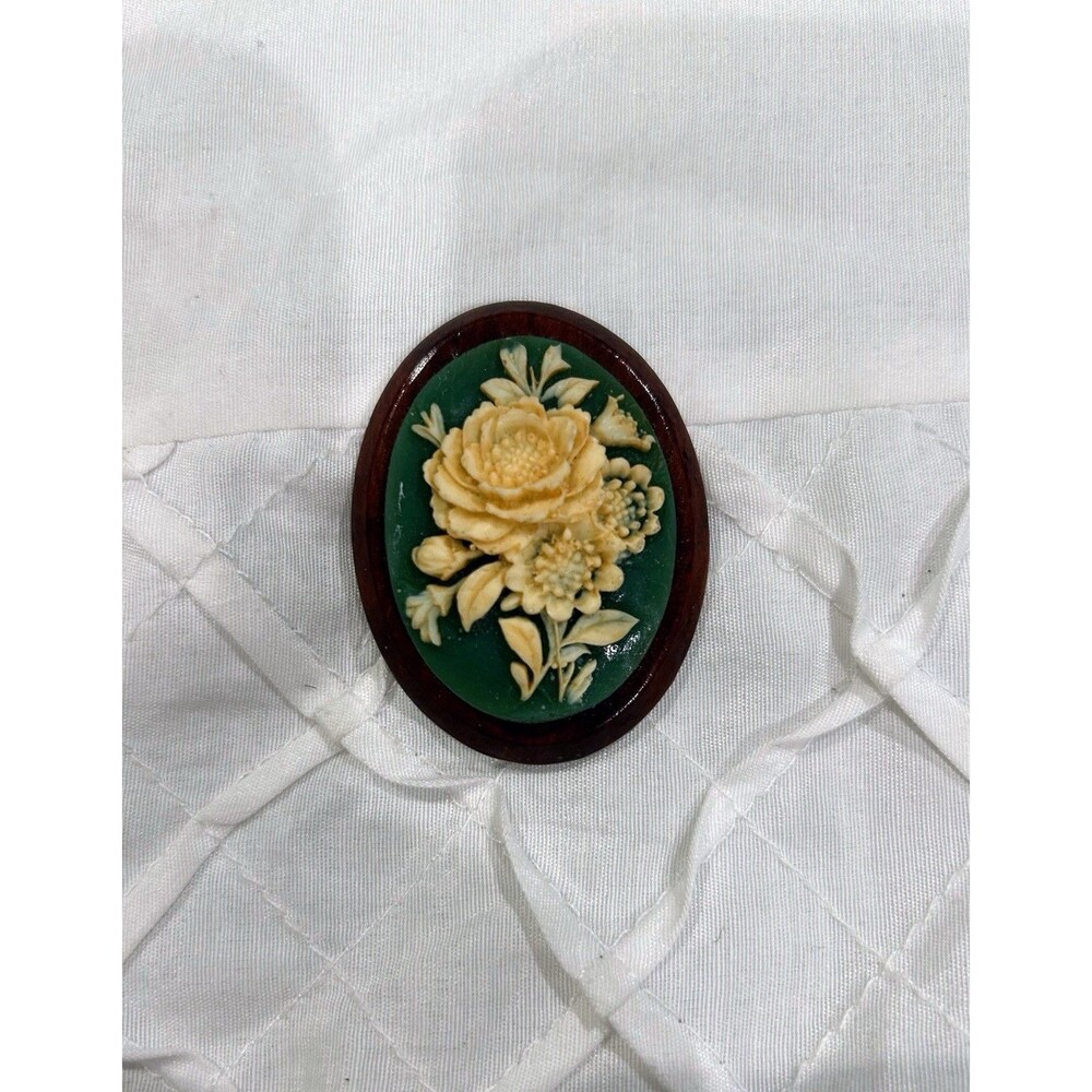 Vintage Floral Cameo On Green Color Wood Brooch